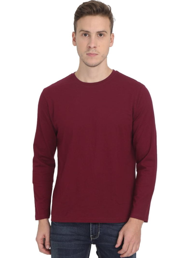 Men's Maroon Full Sleeve Round Neck Plain T-Shirt