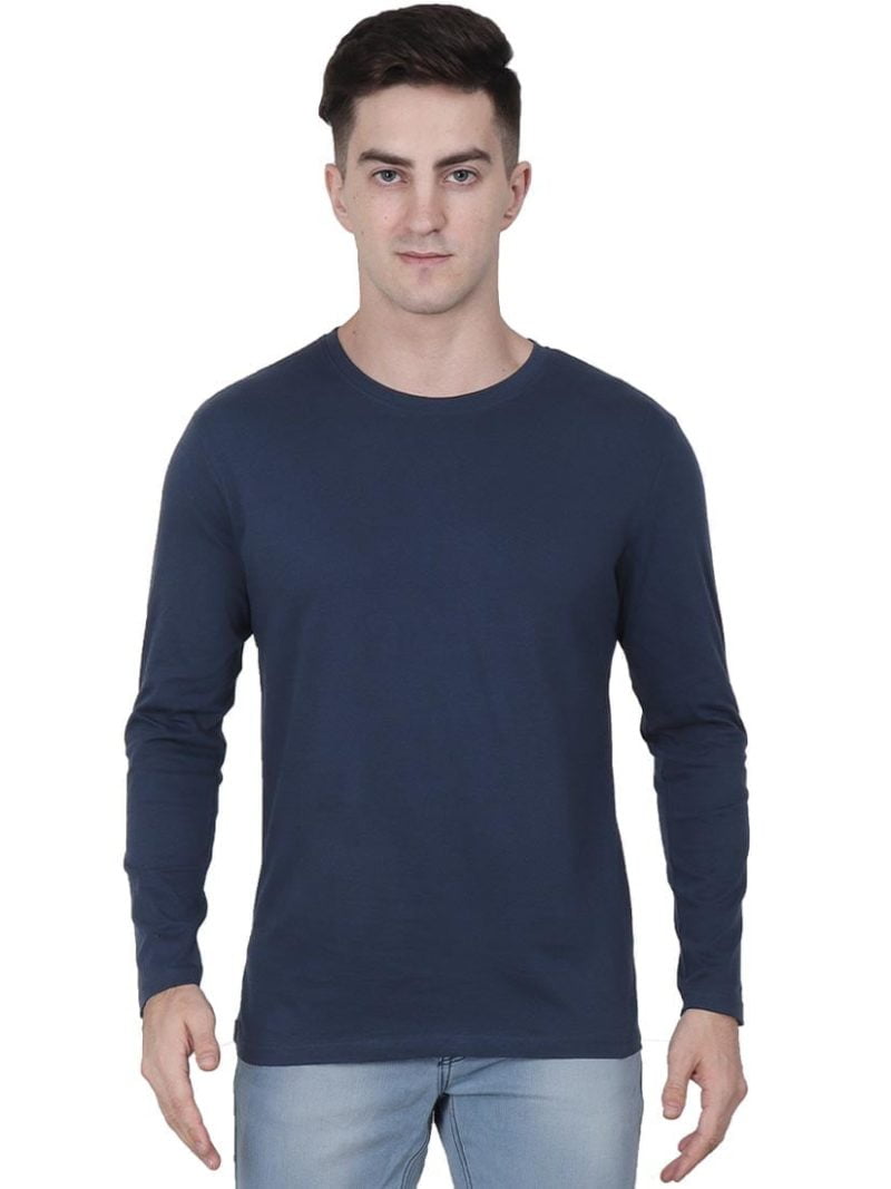 Men's Navy Blue Full Sleeve Round Neck Plain T-Shirt