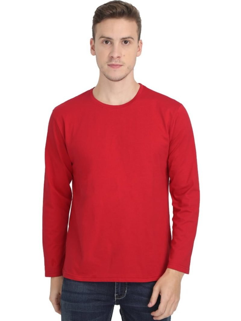 Men's Red Full Sleeve Round Neck Plain T-Shirt