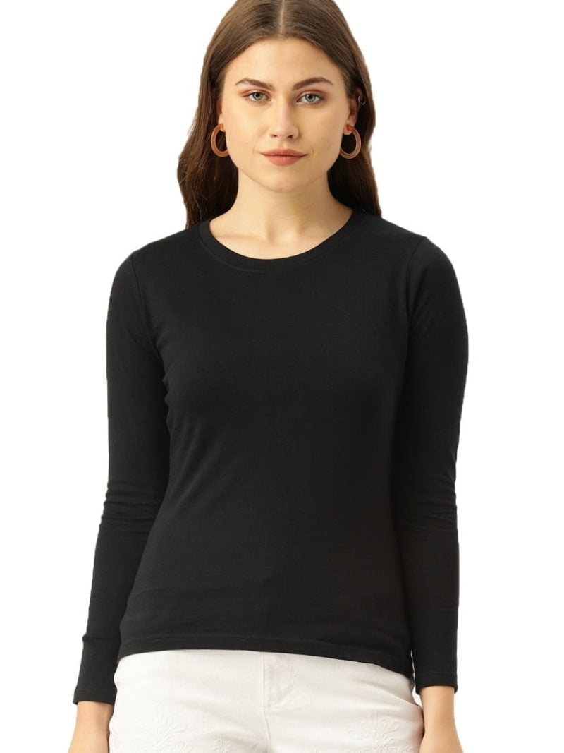 Women's Black Full Sleeve Round Neck Plain T-Shirt