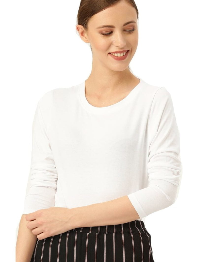 Women's White Full Sleeve Round Neck Plain T-Shirt