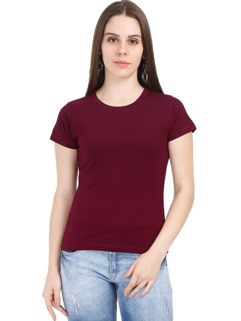 Women's Maroon Half Sleeve Round Neck Plain T-Shirt