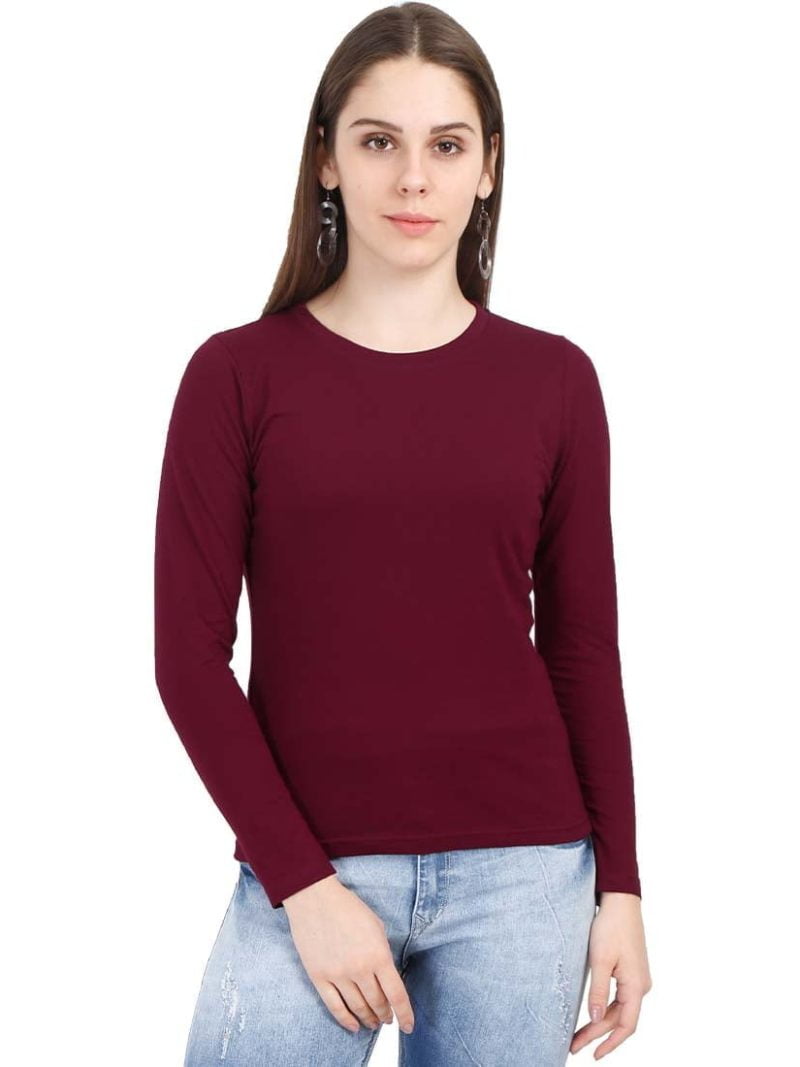 Women's Maroon Full Sleeve Round Neck Plain T-Shirt