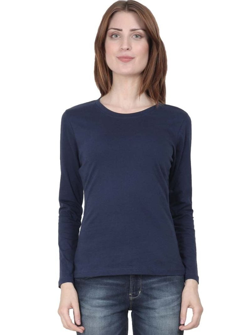 Women's Navy Blue Full Sleeve Round Neck Plain T-Shirt