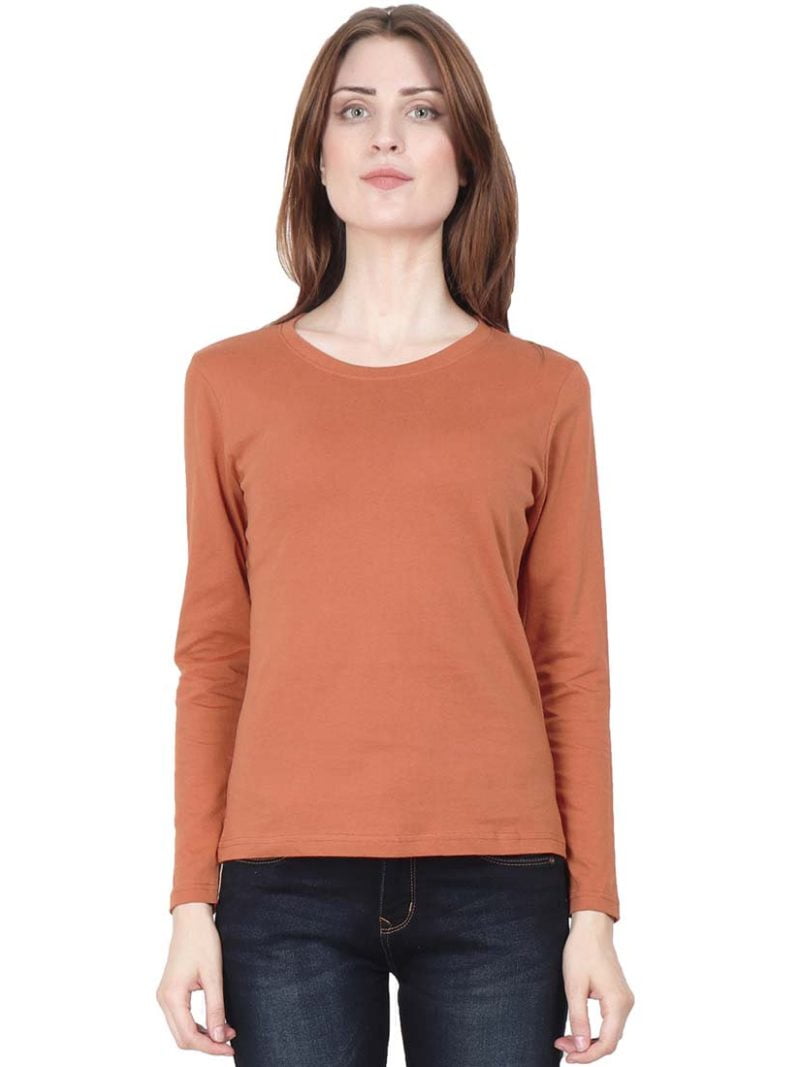 Women's Saffron Full Sleeve Round Neck Plain T-Shirt