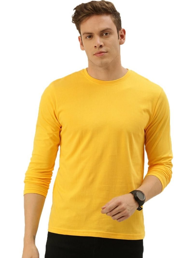 Men's Yellow Full Sleeve Round Neck Plain T-Shirt
