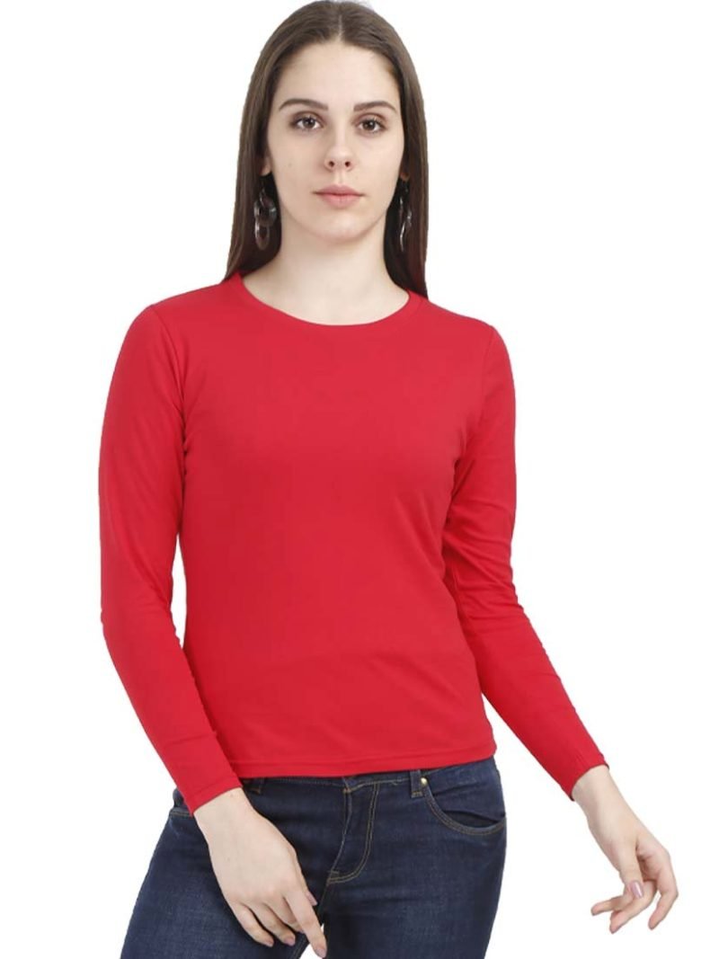 Women's Red Full Sleeve Round Neck Plain T-Shirt
